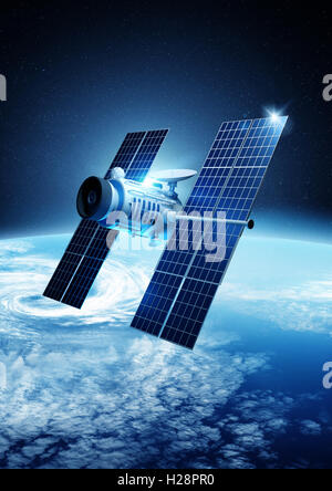 A modern satellite orbiting planet Earth. 3D illustration. Stock Photo