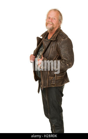 Upper body portrait of an older man in leather jacket isolated on white. Stock Photo