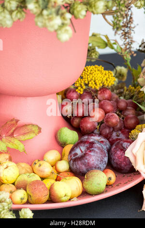 Floral autumn art. Fruit and flowers display. Harrogate autumn flower show. Harrogate  North Yorkshire, England Stock Photo