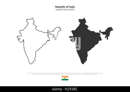 Republic of India isolated map and official flag icons. vector Indian political maps illustration. South Asia country geographic Stock Vector