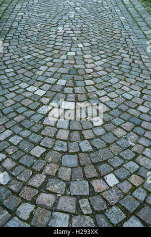 Norway, Bergen, UNECSO World Heritage City. Detail of typical cobblestone street.