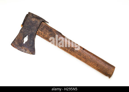 Old rustic axe with wooden handle isolated on white background Stock Photo