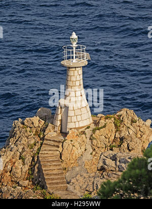 A lighthouse perched on rocks at the bottom of a cliff