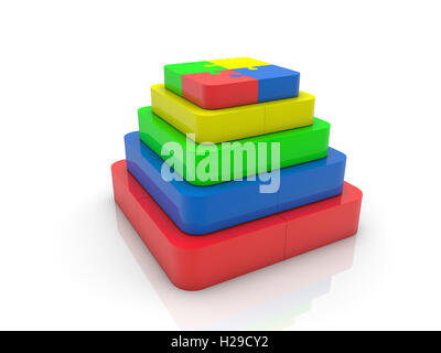 Pyramid of puzzle pieces in various colors on white Stock Photo