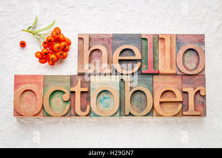 hello October greeting card - letterpress wood type blocks against white lokta paper with firethorn berries Stock Photo