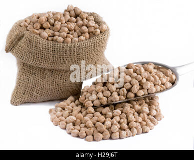 chickpeas with hessian sack on an isolated  white background, ,copy space and room for text  , ideal for Pinterest or blogs Stock Photo