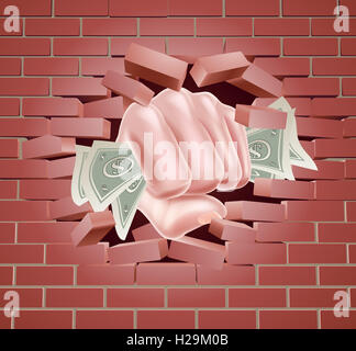 Hand in fist holding cash money dollar bills punching through a red brick wall Stock Photo