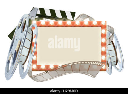 Movie cinema film sign with light bulbs sign clapperboard and film reel Stock Photo