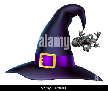 An illustration of a cartoon Halloween witch hat and cartoon spider Stock Photo