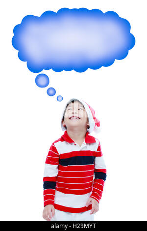 Happy christmas boy  looking upwards speech bubble, isolated on white background Stock Photo