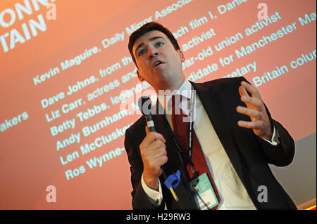 Liverpool, England. 25th September, 2016.  Andy Burnham MP and candidate for the position of Manchester mayor, delivers a speech during the 'Real Britain' fringe meeting organised by the Daily Mirror newspaper and UNITE the union. The meeting was part of the first day of the Labour Party annual conference at the ACC Conference Centre.  This conference is following Jeremy CorbynÕs re-election as labour party leader after nine weeks of campaigning against fellow candidate, Owen Smith. This is his second leadership victory in just over twelve months and was initiated by the decision of Angela Eag Stock Photo