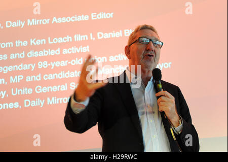 Liverpool, England. 25th September, 2016.  Len McCluskey, general secretary of UNITE, delivers a speech during the 'Real Britain' fringe meeting organised by the Daily Mirror newspaper and UNITE the union. The meeting was part of the first day of the Labour Party annual conference at the ACC Conference Centre.  This conference is following Jeremy CorbynÕs re-election as labour party leader after nine weeks of campaigning against fellow candidate, Owen Smith. This is his second leadership victory in just over twelve months and was initiated by the decision of Angela Eagle to stand against him.  Stock Photo