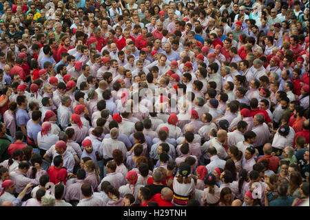 Barcelona, Spain. 26th Sep, 2016. A human tower (castell in catalan) is built in Barcelona for the Merce Festival (Festes de la Merce) has been held the traditional Jornada Castellera (Human Towers Day) in the town hall square of Barcelona. Credit:  Charlie Perez/Alamy Live News Stock Photo