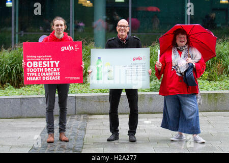 Liverpool, Merseyside, UK.  26th September, 2016. Anti-Obesity campaigners outside the Labour Conference Arena. Campaigners likened the strategy to the responsibility deal brought in by Labour and continued throughout David Cameron’s premiership, which was condemned by some as a failure. Food and drink companies are being encouraged to pledge to make their food healthier by cutting salt, fat and sugar, but anti-obesity warnings in schools could be helping trigger anorexia and eating disorders among teenage girls. Credit:  Cernan Elias/Alamy Live News Stock Photo
