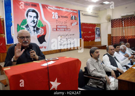 Awami National Party (ANP) leader, Main Iftikhar Hussain addresses during Condolence Reference ceremony in connection death anniversary of Shaheed Dr. Najeeb Ullah organized by Mazdoor Kisan Party (MKP) “Workers and Peasants Party” held at Peshawar press club on Monday, September 26, 2016. Stock Photo