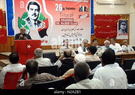 Awami National Party (ANP) leader, Main Iftikhar Hussain addresses during Condolence Reference ceremony in connection death anniversary of Shaheed Dr. Najeeb Ullah organized by Mazdoor Kisan Party (MKP) rkers and Peasants Party” held at Peshawar press club on Monday, September 26, 2016. Stock Photo