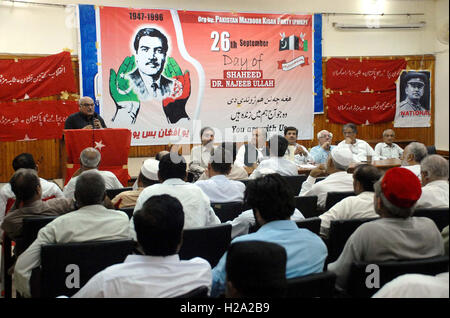 Awami National Party (ANP) leader, Main Iftikhar Hussain addresses during Condolence Reference ceremony in connection death anniversary of Shaheed Dr. Najeeb Ullah organized by Mazdoor Kisan Party (MKP) “Workers and Peasants Party” held at Peshawar press club on Monday, September 26, 2016. Stock Photo