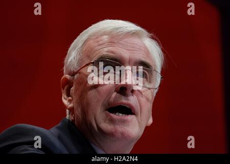 Liverpool, UK. 26th September, 2016. The Labour Party Conference day 2 on 26/09/2016 at ACC Liverpool Pictured: John McDonnell, Shadow Chancellor, delivers his speech on the Economy. Credit:  Julie Edwards/Alamy Live News Stock Photo