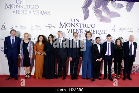 Director Juan Antonio Bayona and actors Sigourney Weaver and Lewis Macdougall at premier of 'A Monster Calls'  26/09/2016  Madrid © Gtres Información más Comuniación on line,S.L./Alamy Live News Stock Photo