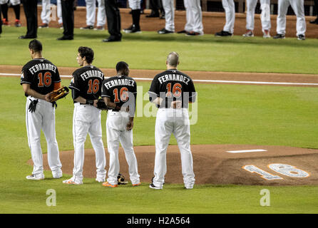 Miami, Florida, USA. 26th Sep, 2016. Miami Marlins right fielder Giancarlo Stanton, Miami Marlins left fielder Christian Yelich, Miami Marlins second baseman Dee Gordon and Miami Marlins first baseman Justin Bour stand by the pitchers mound during remembrance ceremony for Jose Fernandez at Marlins Park in Miami, Florida on September 26, 2016. Miami Marlins pitcher, Jose Fernandez, died in a boating accident Sunday. Credit:  Allen Eyestone/The Palm Beach Post/ZUMA Wire/Alamy Live News Stock Photo