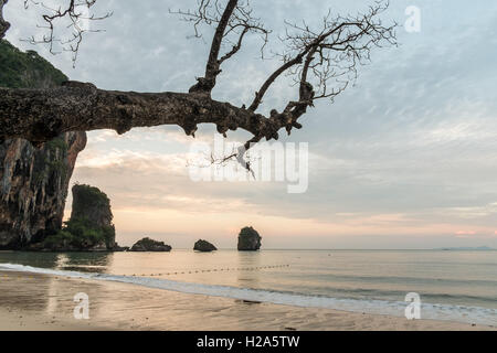 Sunrise over karst mountains and beach at Railey Beach in Thailand