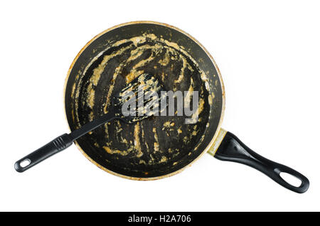 Dirty frying pan after cooking isolated on white background Stock Photo