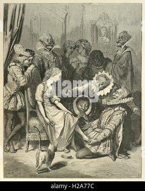 “Without any ado it slips into the shoe!” Illustration from ‘Cinderella’ by Paul Gustave Doré (1832-1883). Stock Photo