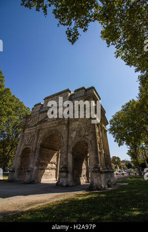 The Triumphal Arch of Orange is a monument characteristic of Roman architecture in Provence. Stock Photo