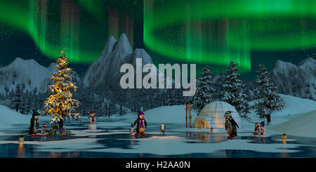 Penguins under the northern lights on a frozen lake in a snowy Christmas mountain landscape. A 3d render. Stock Photo