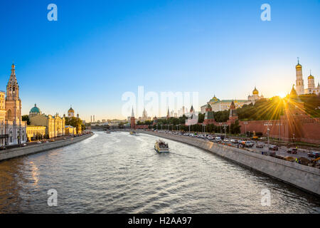 Moskva river with the Kremlin's towers at sunset, Moscow, Russia Stock Photo