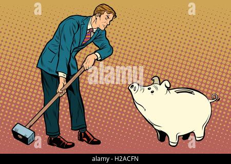 Retro businessman wants to break the cute piggy Bank Stock Vector