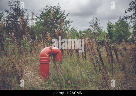 Red pipeline on a rural meadow with plants and trees Stock Photo