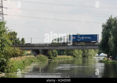 Lorry passing over A14 bridge over river Cam Cambridge Cambridgeshire England 2016 Stock Photo