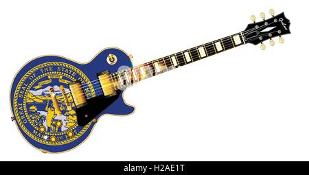 The definitive rock and roll guitar with the Nebraska State flag seal flag isolated over a white background. Stock Vector