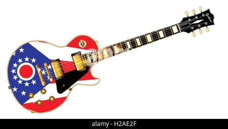 The definitive rock and roll guitar with the Ohio State flag seal flag isolated over a white background. Stock Vector