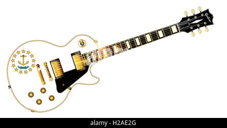 The definitive rock and roll guitar with the Rhode Island State flag seal flag isolated over a white background. Stock Vector