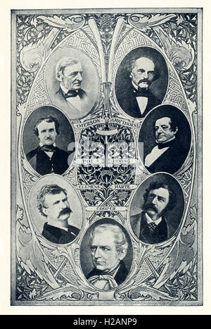 The American authors pictured here are, from left to right, top to bottom: Ralph Waldo Emerson (1803-1882), Nathaniel Hawthorne (1804-1864) , Edgar Allan Poe (1809-1849), Washington Irving (1783-1859), Samuel Langhorne Clemens (Mark Twain) (1835-1910), Bret Harte (1836-1902), and James Fenimore Cooper (1789-1851). Stock Photo