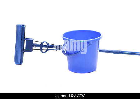 Blue bucket with sponge mop. Stock Photo