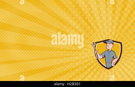 Business Card showing Illustration of a repairman handyman worker wearing hat holding spanner wrench looking to the side set inside shield crest done in cartoon style. Stock Photo