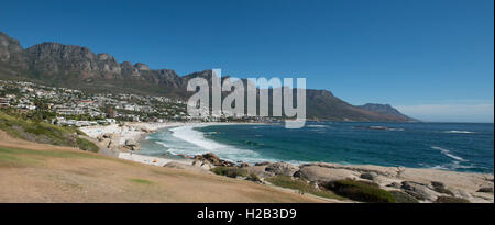 Camps Bay beach and Twelve Apostles mountain range panorama, Cape Town, Western Cape, South Africa Stock Photo