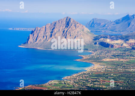 View to coast of Trapani and Monte Cofano, seen from Erice, Trapani province, Sicily, Italy Stock Photo