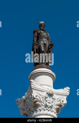 Monument Dom Pedro IV. with pigeon on his head, Lisbon, Portugal Stock Photo