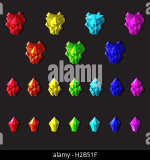Set of magic crystals or minerals cartoon style on gray background Stock Vector