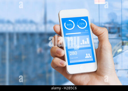 Mobile dashboard on smartphone screen displaying statistics with data and charts, modern interior in background Stock Photo