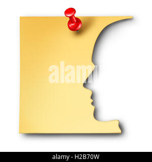 Office worker reminder as an employee symbol cut out of a business note as a corporate career thinking symbol or a mental health icon for memory loss or medical neurology issues as a 3D illustration. Stock Photo
