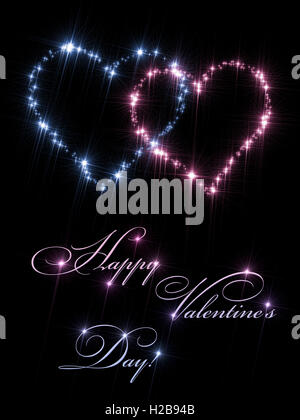 Valentine's Day card (illustration) with two hearts composed of light blue (male) and pink (femalee) stars Stock Photo