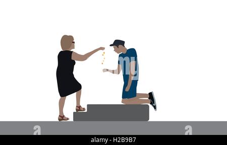 Good woman delivers disabled beggar for food. Vector Illustr Stock Vector