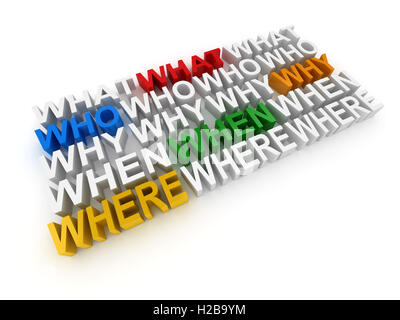 Question words What Where Why When Who , This is a 3d rendered computer generated image. Isolated on white. Stock Photo