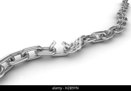 Broken chrome chain , This is a 3d rendered computer generated image. Isolated on white. Stock Photo