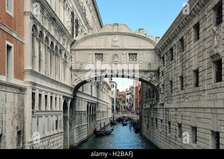 Bridge of Sighs between the Doge's Palace and the prison Prigioni Nuove of Venice in Italy. Stock Photo